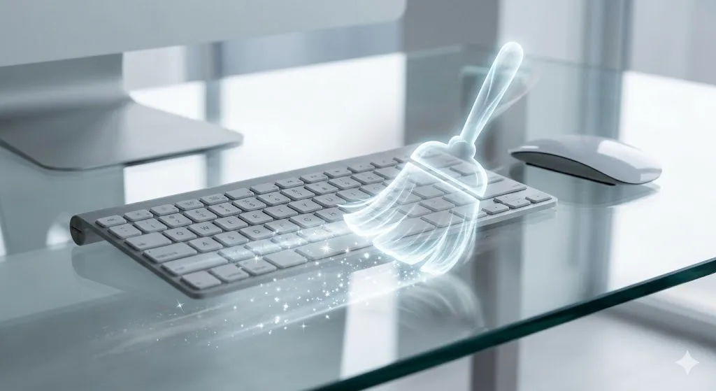 Computer keyboard with a digital cleanup symbol representing local browser traces