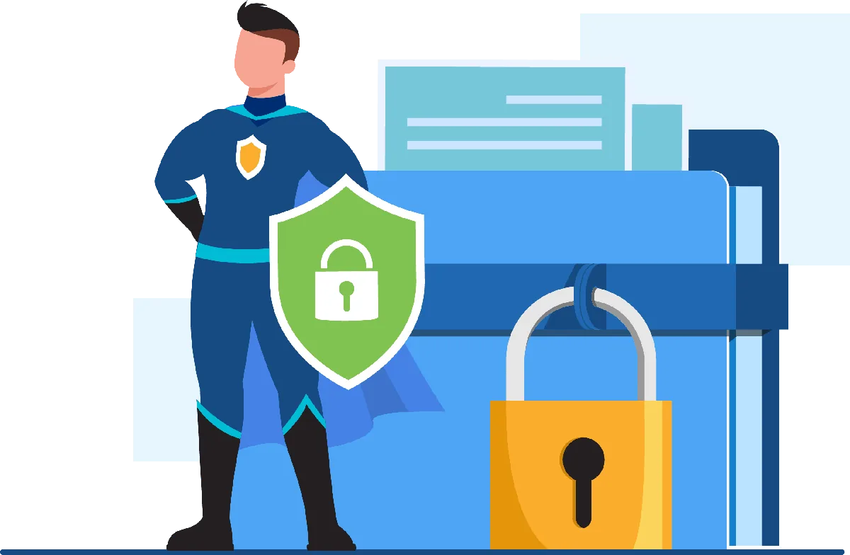 Illustration of protected data across devices with a shield and padlock