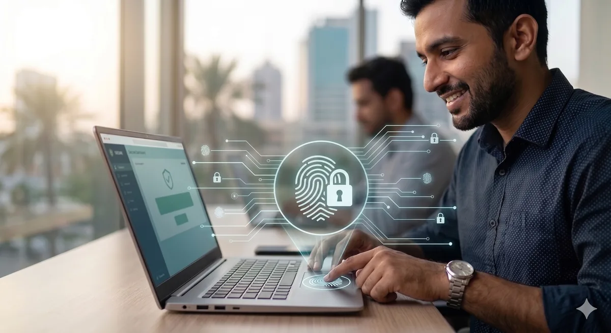 Person using a laptop with a digital padlock interface representing password-protected access