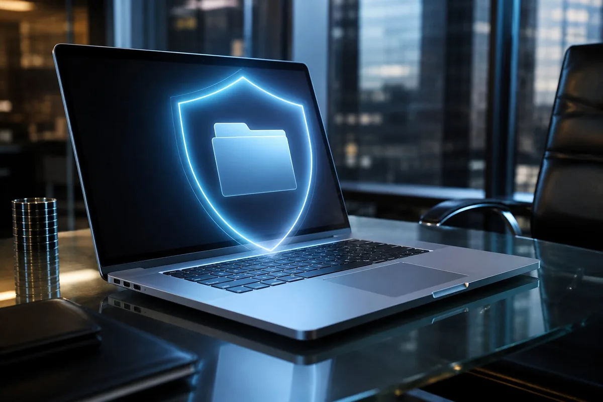 Laptop displaying a shield around a folder representing protected local files