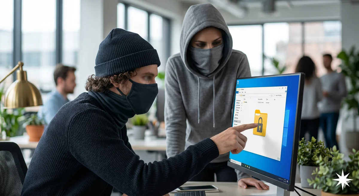 People at a shared computer with a digital lock on screen representing privacy risks