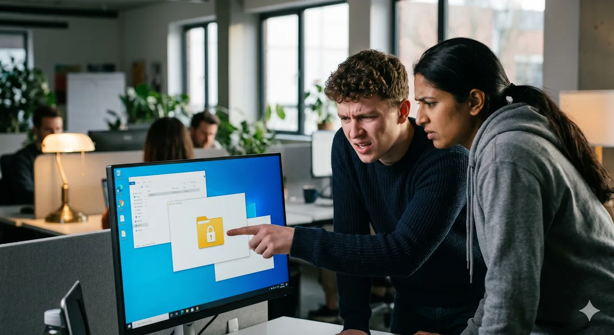 Two people reviewing a locked file on a shared computer